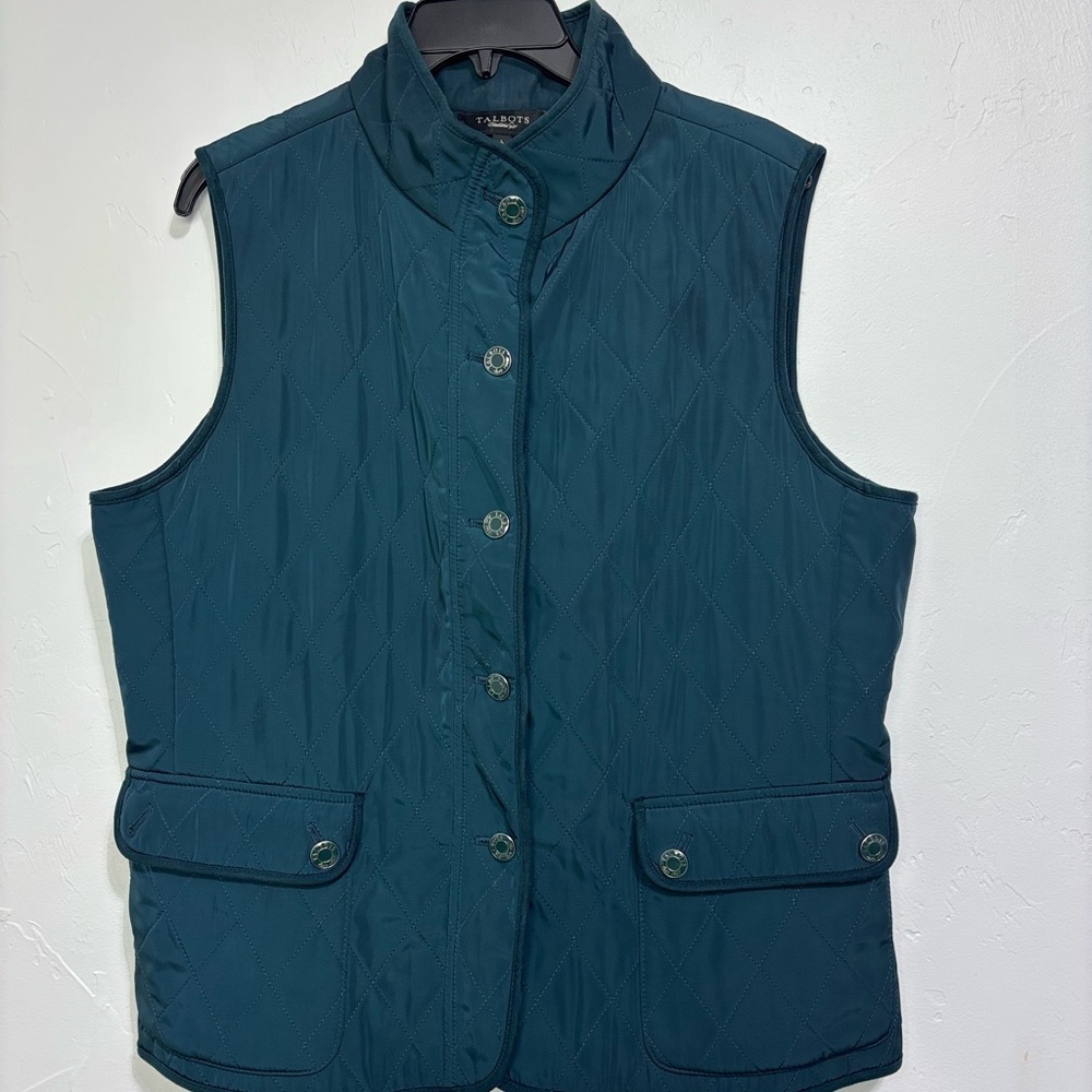 Talbots Women's Large Quilted Vest - Teal BUTTON MISSING Layering Warm